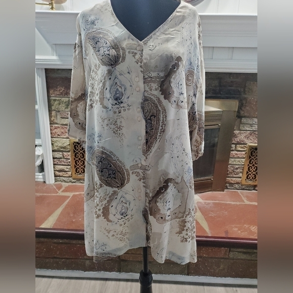 Quo-silk Women's Paisley Silk Button Front Scallop Collar Blouse Top XL - Picture 1 of 8